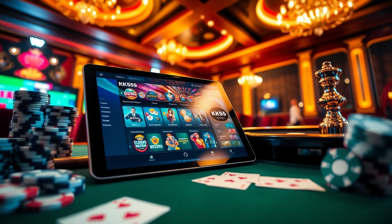 Experience the excitement of KK55 with a vibrant online casino scene featuring poker chips and roulette.