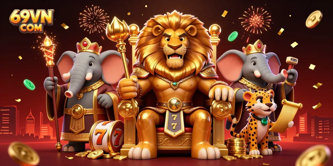 Engage in vibrant gameplay at 69VN COM, featuring a dynamic lion king, and vivid casino elements.
