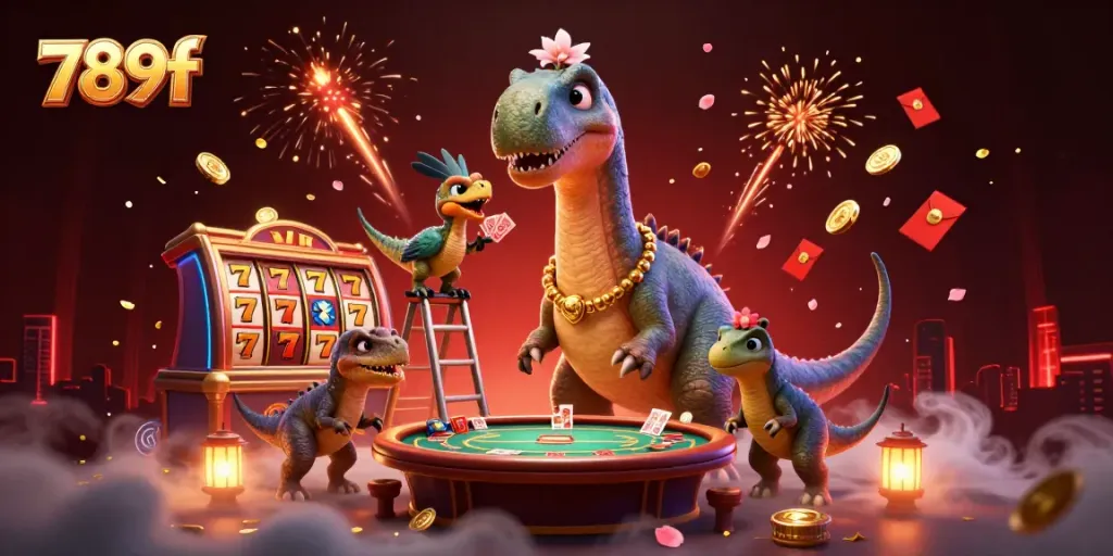 Enjoy stunning 789f casino action as a brontosaurus towers over a dynamic gaming scene.