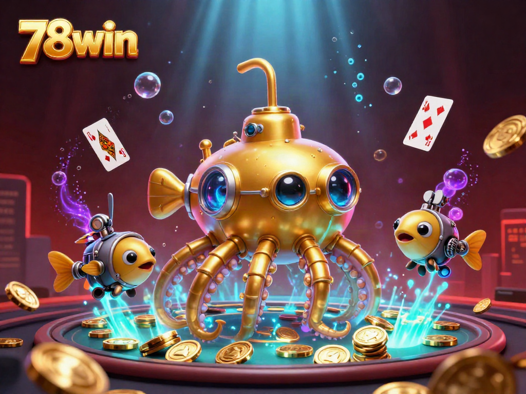 Experience the thrill of 78win's casino adventure with a vibrant 3D kraken submarine illustration.