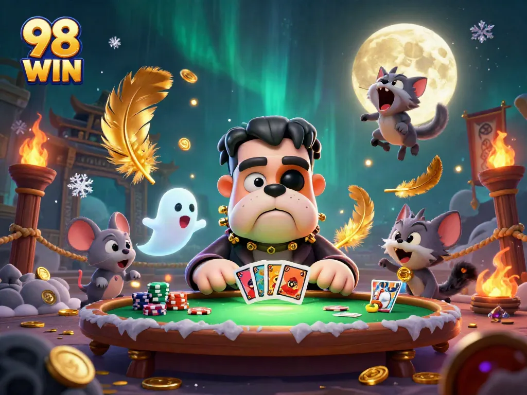 Engaging illustration of 98 WIN with a Frankenstein bulldog monster dealing cards in a vibrant casino setting.