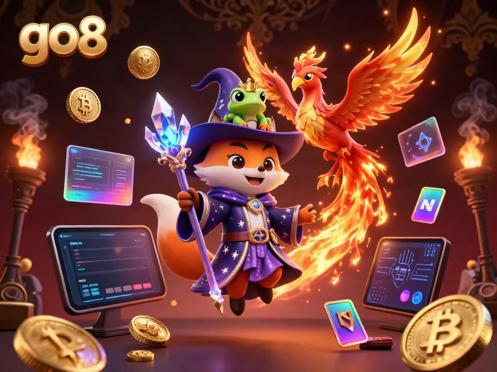 Engage in winning strategies at go8 with a dynamic online casino scene featuring a wizard and a phoenix.