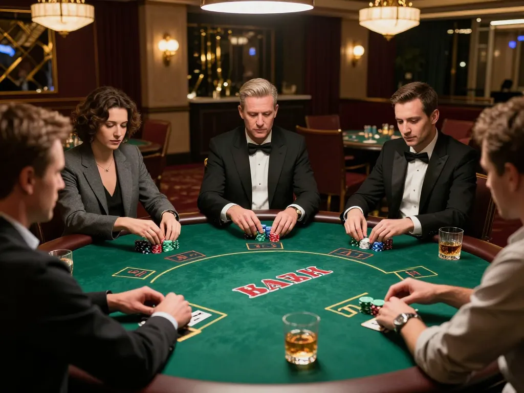 79KING players strategizing during a high-stakes poker game with elegant décor and chips