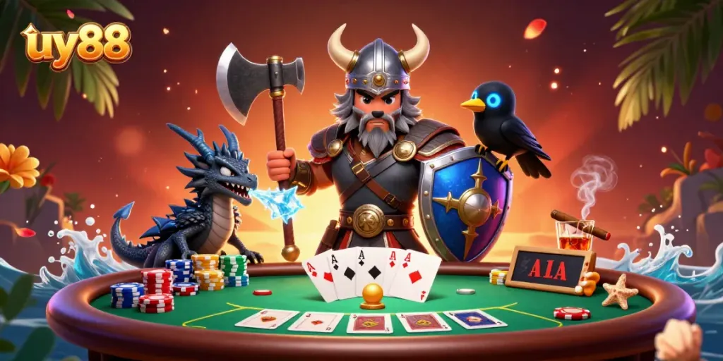 Join the excitement at uy88 with a Viking warrior, dragon, and poker thrills!