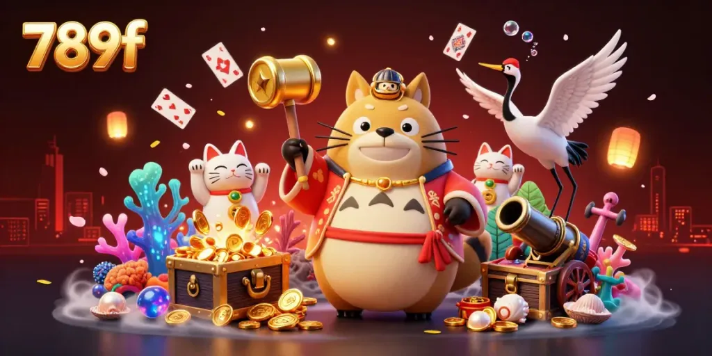 Experience the excitement of 789f with a vibrant 3D illustration depicting a cheerful tanuki and lucky cats amidst dynamic casino elements.