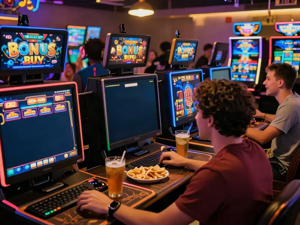 Players enjoying Bonus Buy slots while engaging at a lively online casino, showcasing the thrill of instant gaming.