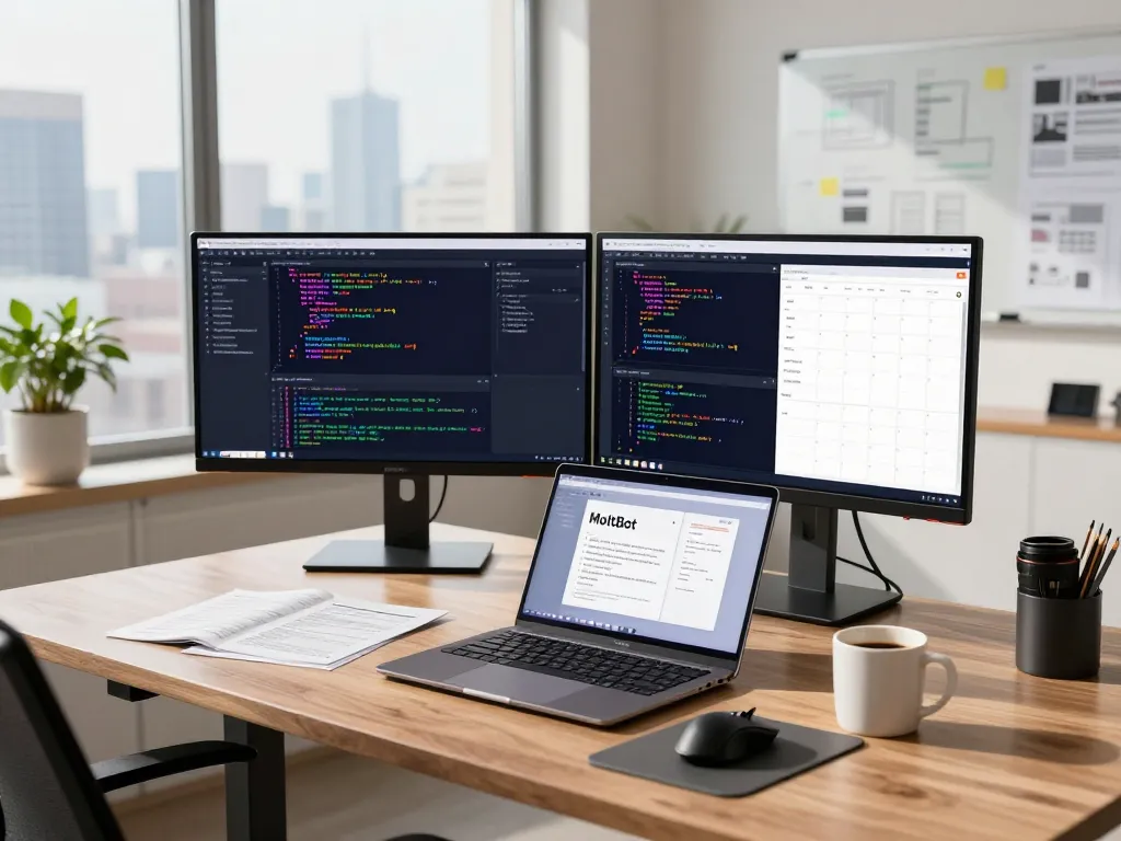 Developer using moltbot ai on dual monitors in a modern tech workspace, showcasing innovative coding and productivity.