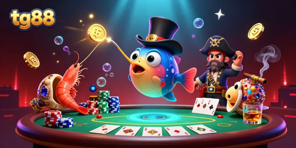 Engage with tg88's thrilling games through a lively underwater casino scene featuring vibrant characters and rich elements.