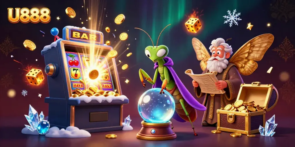 U888: Experience fun gaming with a 3D cartoon praying mantis fortune teller and a slot machine.