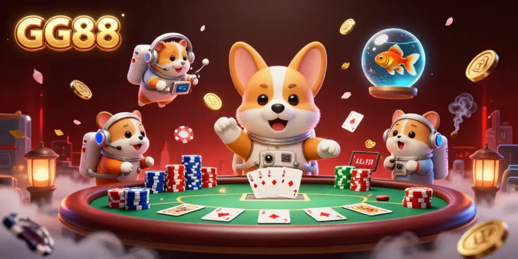 Experience thrilling gameplay with GG88 in a vibrant casino scene featuring a 3D astronaut corgi and friends.