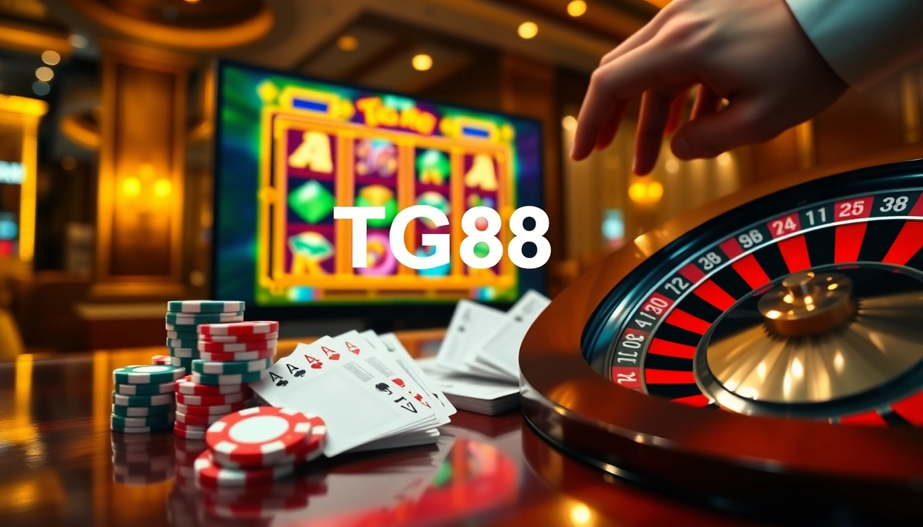 Expert gambler placing strategic bets on TG88’s vibrant slot machine and poker table chips side