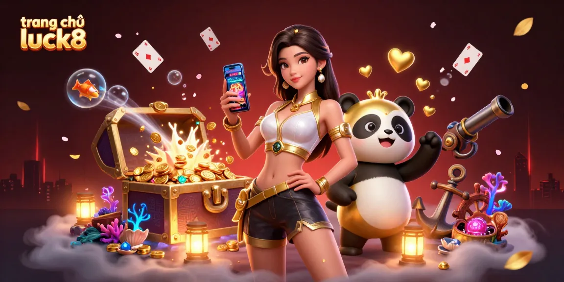 Engage with the exciting world of trang chủ luck8, featuring an Asian woman with a smartphone and a golden panda in a vibrant casino scene.