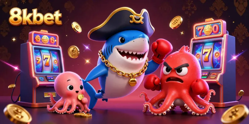 Engage in thrilling games at 8kbet with a colorful 3D scene featuring a shark, pufferfish, and octopus amidst slot machines.