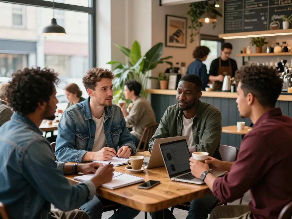 A group of men discussing and supporting each other at a coffee shop, highlighting the essence of the manclub community.