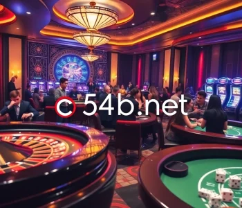 A thrilling gambling scene showcasing c54.gb.net featuring roulette, poker, and vibrant players in action.