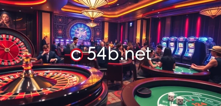 A thrilling gambling scene showcasing c54.gb.net featuring roulette, poker, and vibrant players in action.