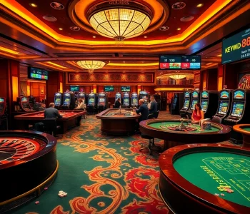 Gambling excitement at a casino with poker chips and slot machines showing 888vnd.