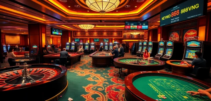 Gambling excitement at a casino with poker chips and slot machines showing 888vnd.