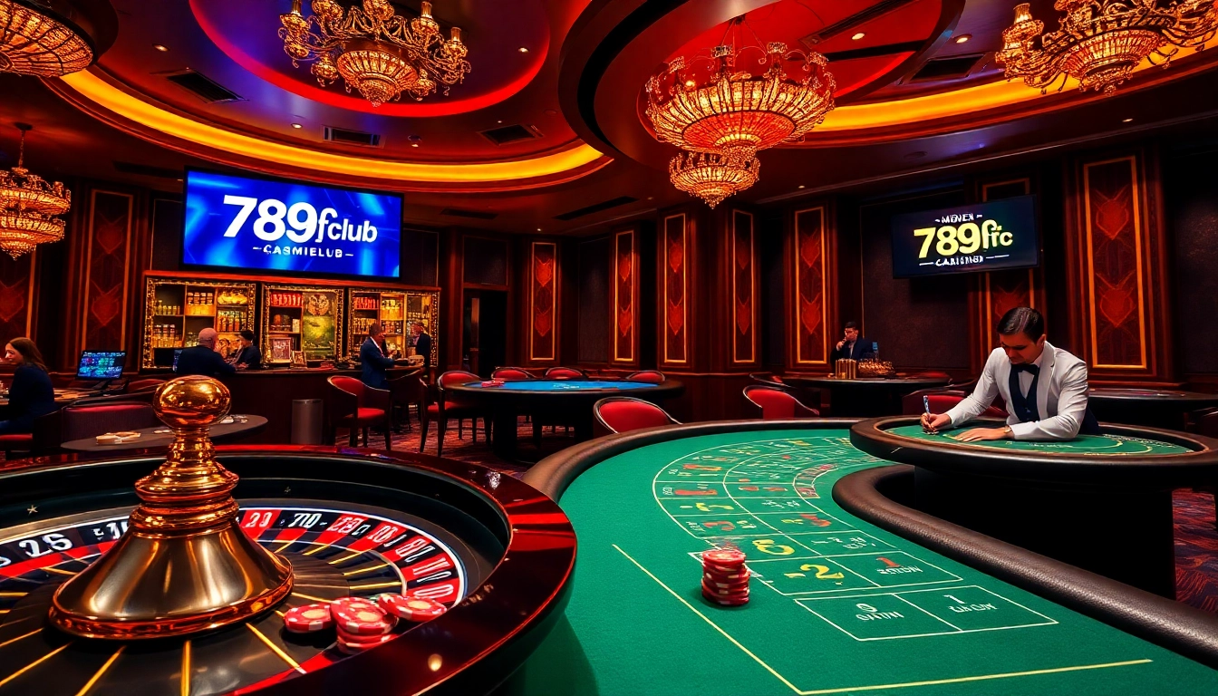 Players enjoying thrilling games at 789fclub casino, vibrant atmosphere with cards and chips.