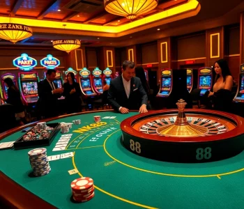 NK88 gambling event with vibrant poker table, roulette wheel, and professional dealers