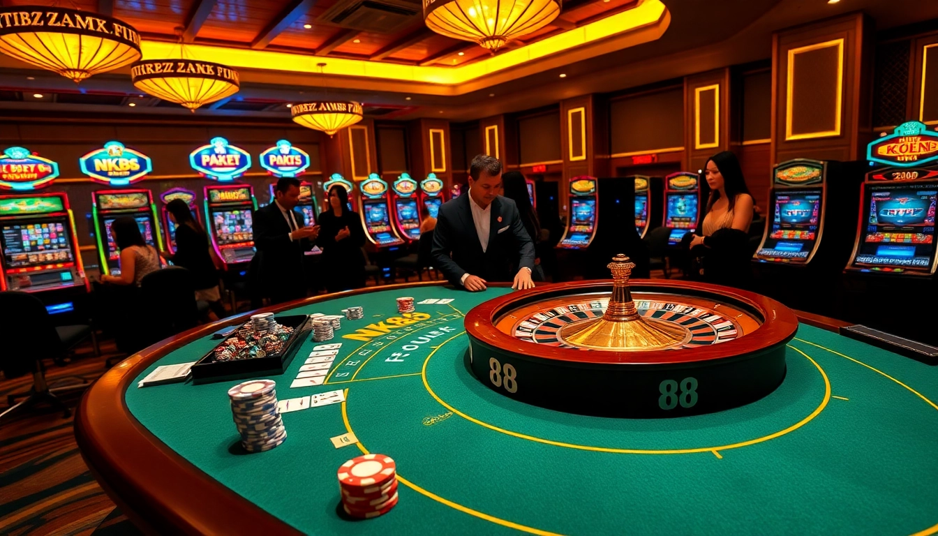 NK88 gambling event with vibrant poker table, roulette wheel, and professional dealers