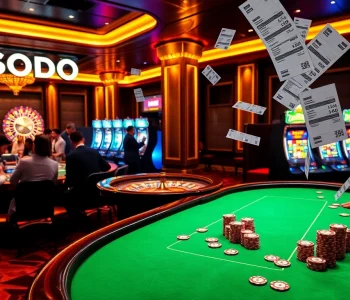 Excited players engaging at SODO Casino's luxurious gaming table with poker chips and a roulette wheel.