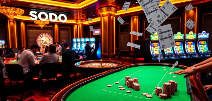 Excited players engaging at SODO Casino's luxurious gaming table with poker chips and a roulette wheel.