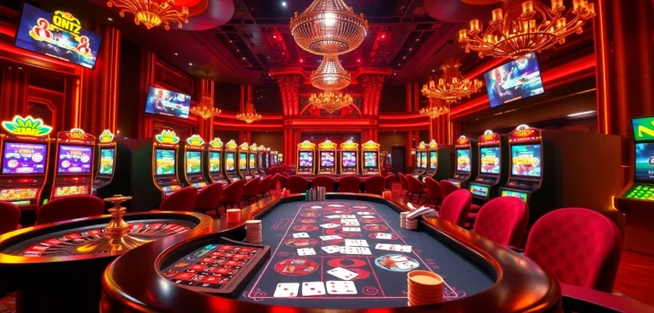 A thrilling gaming experience at nhà cái fun79 featuring colorful casino tables and vibrant slot machines.