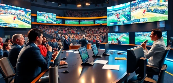 Analysts engaging in lively sports broadcasting with screens in background.