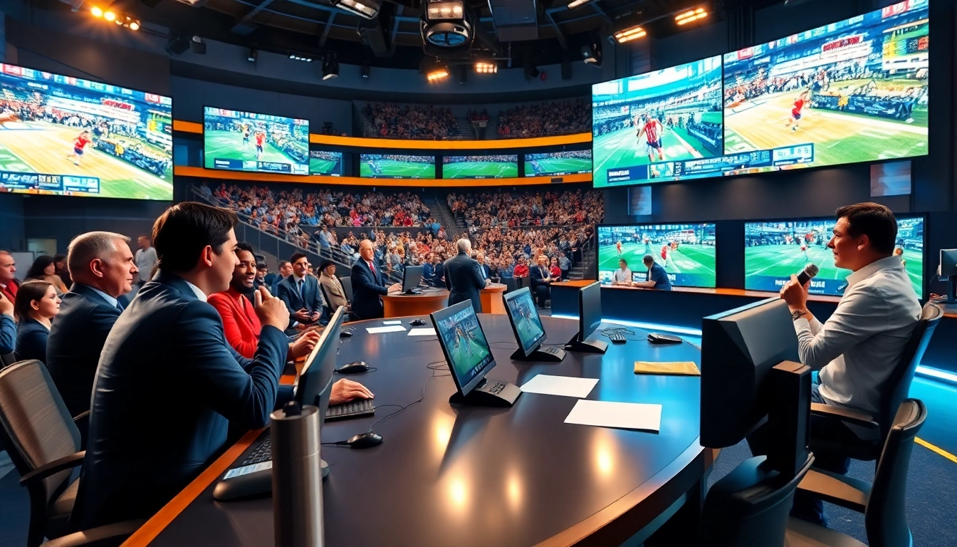 Analysts engaging in lively sports broadcasting with screens in background.