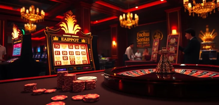 Nohu online casino gaming scene with vibrant slot machine, poker chips, and roulette wheel.