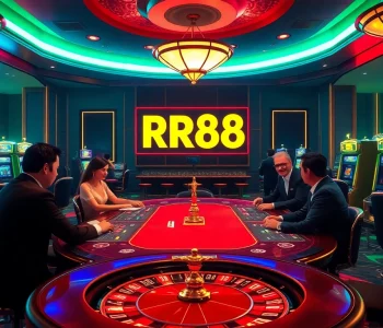 Experience the thrilling game atmosphere at RR88 with players engaging at roulette and poker tables.