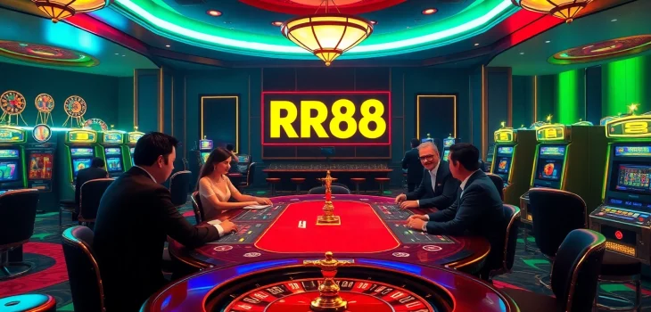 Experience the thrilling game atmosphere at RR88 with players engaging at roulette and poker tables.