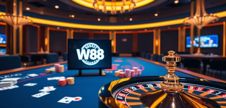 Engaging WW88 casino scene with roulette, cards, and vibrant poker chips.