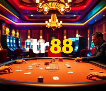 Engaging players strategizing at a casino poker table, featuring tr88-themed chips and cards.