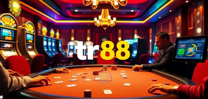 Engaging players strategizing at a casino poker table, featuring tr88-themed chips and cards.