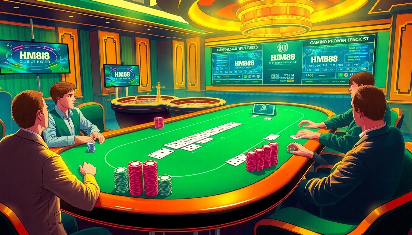 Engage in thrilling casino fun with HM88 at a luxurious poker table surrounded by chips and cards.