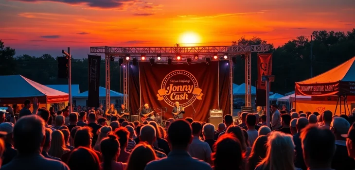 Fans celebrating at johnnycashbirthday.com festival, enjoying live music and festivities.