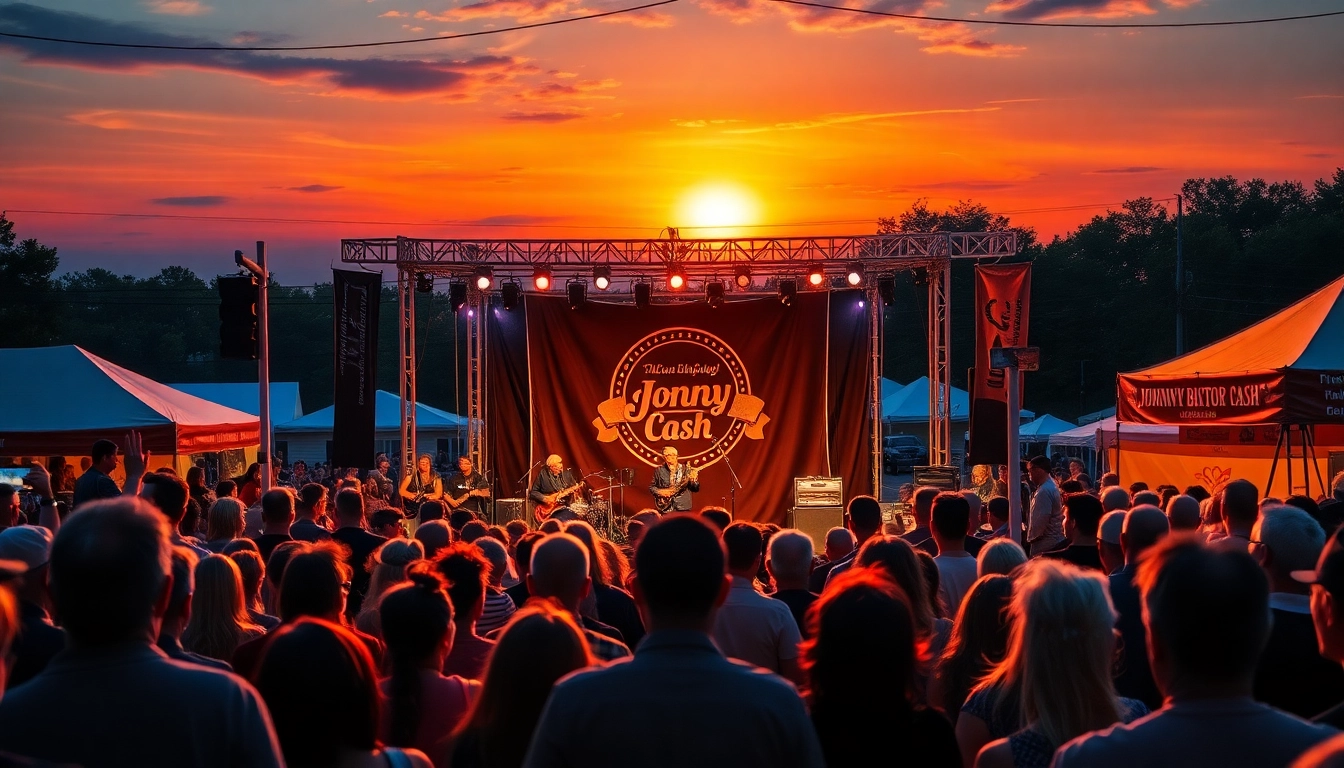 Fans celebrating at johnnycashbirthday.com festival, enjoying live music and festivities.
