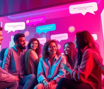 Engaging virtual chat room scene representing a spicy chat experience with diverse characters and colorful text bubbles.