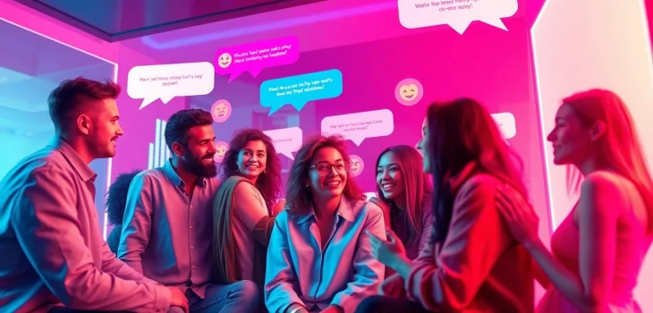 Engaging virtual chat room scene representing a spicy chat experience with diverse characters and colorful text bubbles.