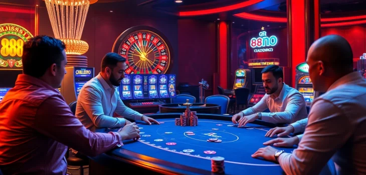 Players strategizing at an az 888 poker table, emphasizing excitement in luxury casino atmosphere.