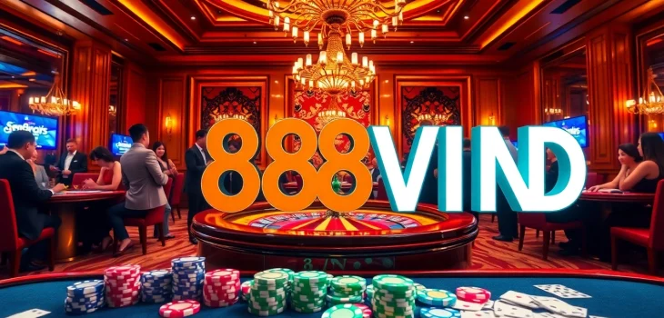Players enjoying a thrilling game at the luxurious 888VND casino with vibrant roulette and poker chips.