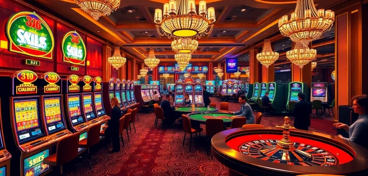 Experience the thrill of sv 88 at a vibrant casino featuring players engaging in poker and slot machines.
