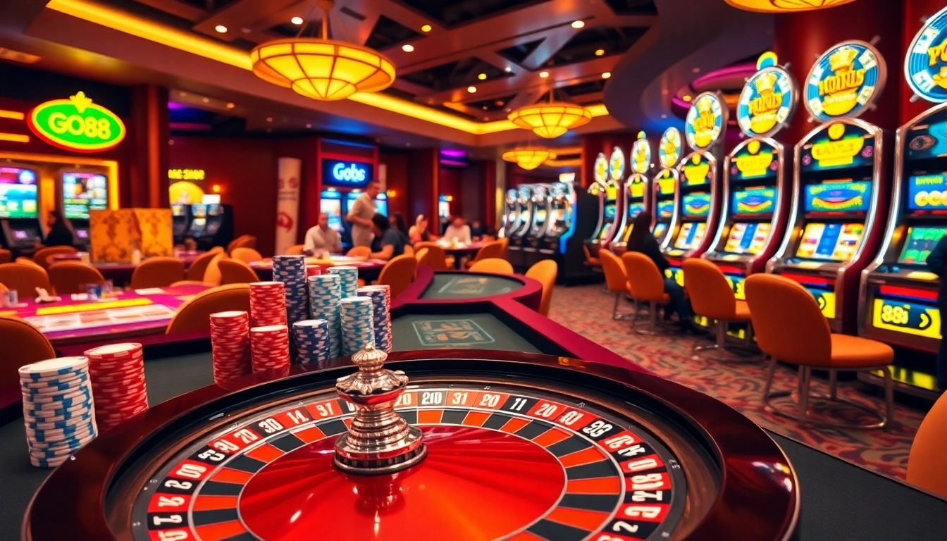 Cổng Game GO88 offers a thrilling casino experience with poker chips and roulette wheel.