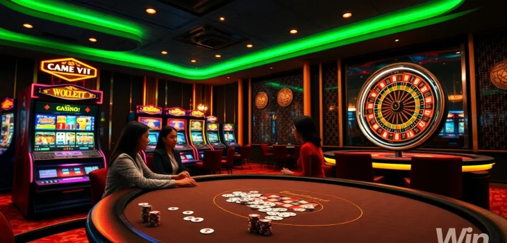Experience thrilling online gaming at win vn with vibrant casino tables and gleaming slot machines.