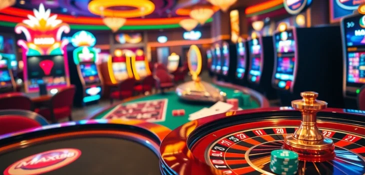 Experience the thrilling ambiance of Max88 with dynamic slot machines, flashing tables, and vibrant colors.