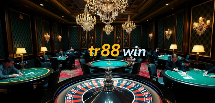 Experience the thrill of winning at tr88 win with an elegant casino setup featuring vibrant gaming tables and roulette.