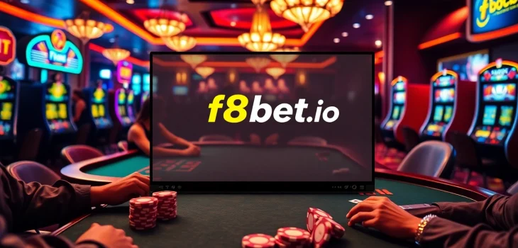 Exciting gaming scene at f8bet.io with poker tables and slot machines.