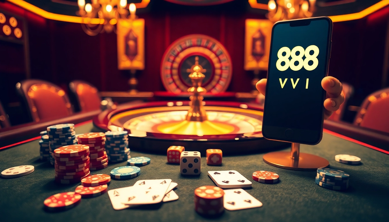 Experience high-stakes action with 888VI at a luxurious casino table surrounded by vibrant poker chips and cards.